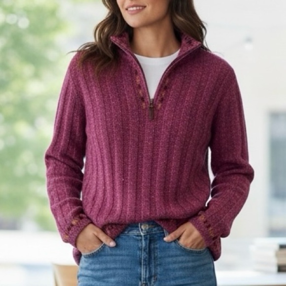 Woolrich Wool Blend Sweater Size M Pink Burgundy Pullover Mock Neck 1/4 Zip